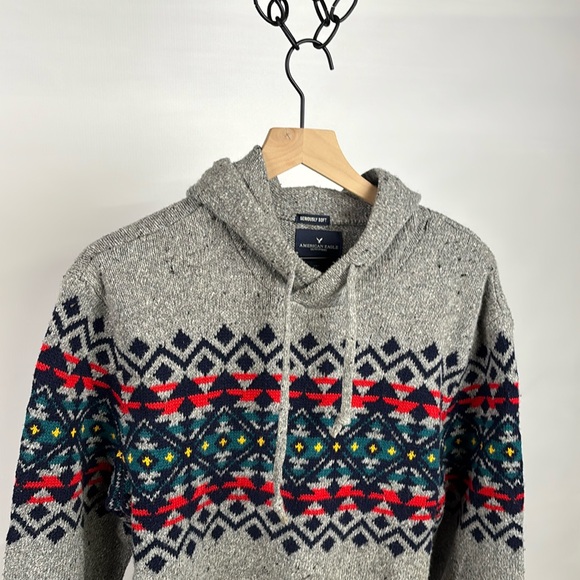 American Eagle Silk Wool Blend Hooded Sweater - Gray Festive - Large - Mens - Picture 1 of 9